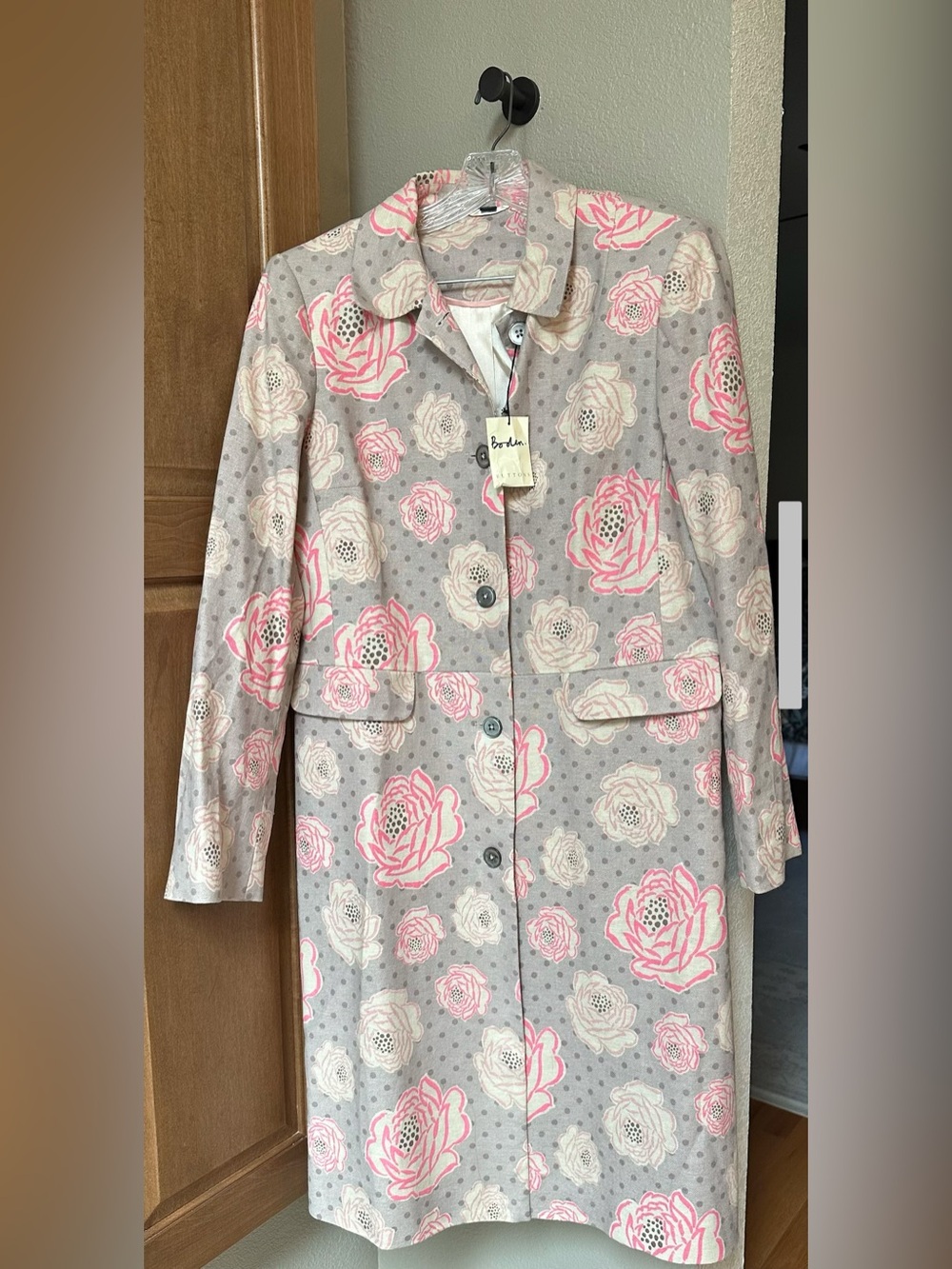 Boden Womens Size 16 Floral Linen Cotton Long Coat Jacket Pink Gray NWT